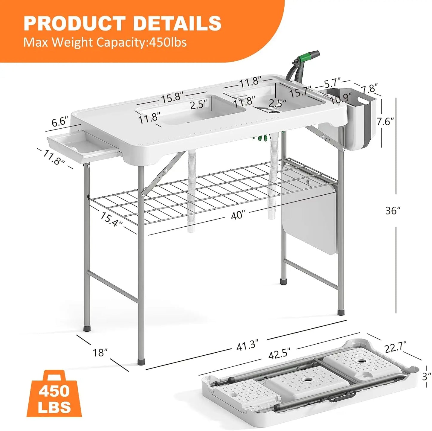 Portable Folding Fish Cleaning Table with Dual Sinks, Faucet, and Storage for Outdoor Camping and Picnics
