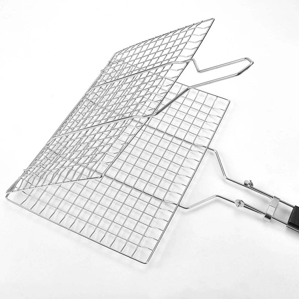 BBQ Grilling Basket Folding Fish Grill Basket Wooden Handle Vegetable Grill Basket Stainless Steel for Household Outdoor Camping