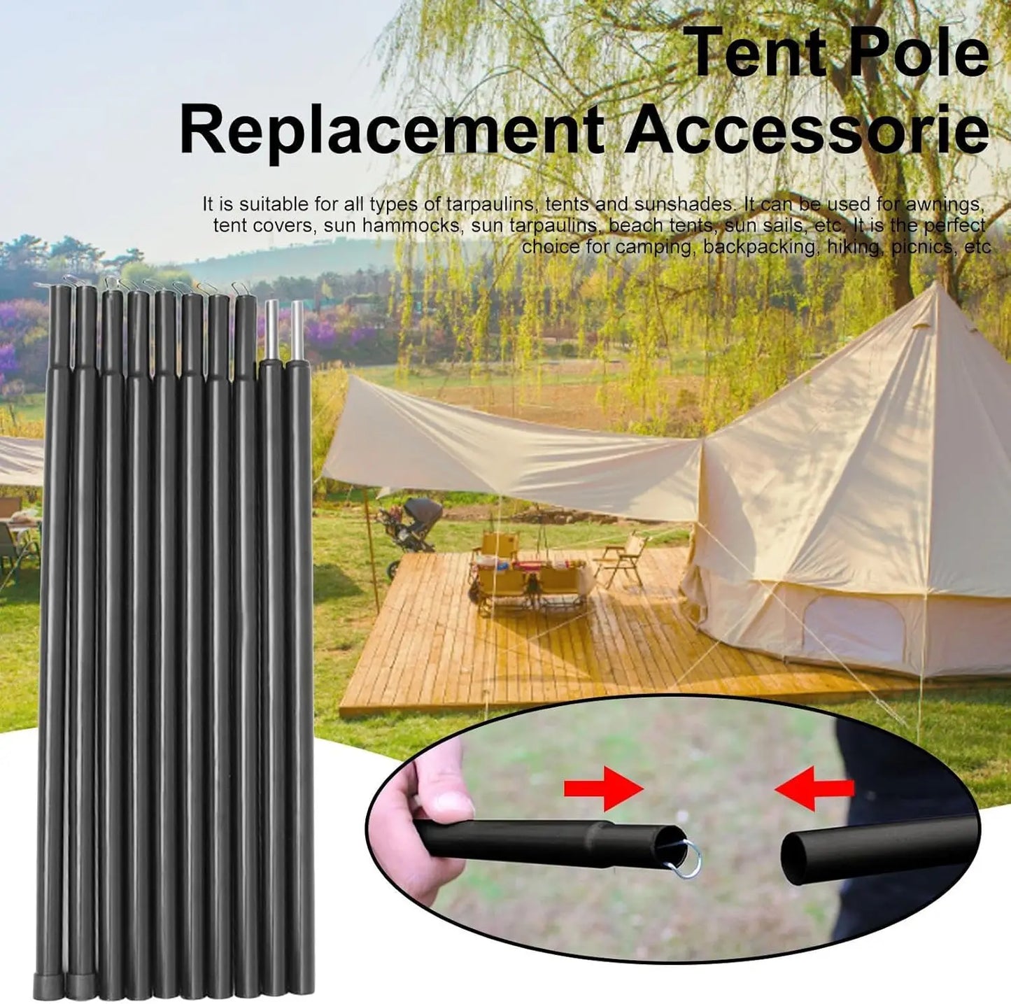 Set of 2 Tent Tarp Poles Universal Telescopic Adjustable Aluminium Camping Awning Poles Tent Accessories for Headroom Canopy