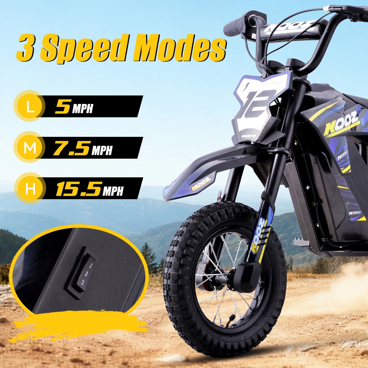 KOOZ HP122E 36V 300W Electric Dirt Bike  for Kids, 3 Speed Modes, Electric Motorcycle Up to 15.5 MPH & 11.8 Miles Long-Range.