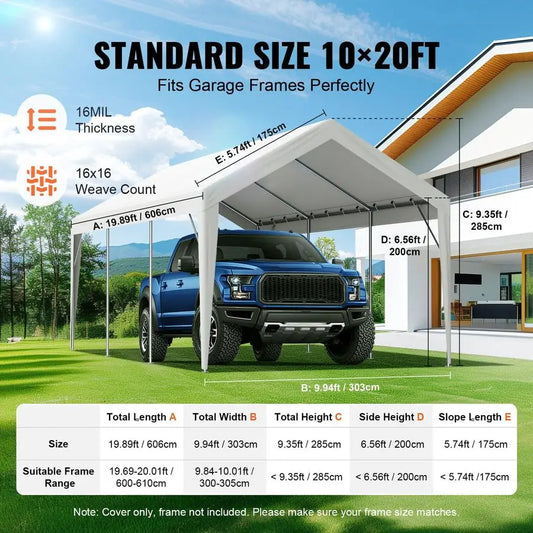 Carport Replacement Canopy Cover, 10 x 20 ft, Ripstop TripleLayer PE Fabric Garage Top Tarp Shelter Cover, UV Resistant Waterpro
