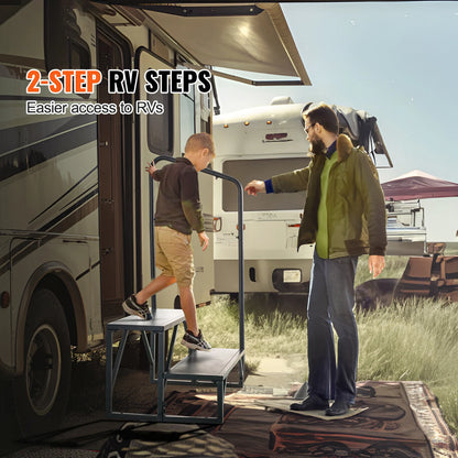 SucceBuy RV Steps 2-Step RV Stairs 440 LBS Load Capacity Thickened Carbon Steel With Handrail Non-Slip Steps for Safe Entry Exit