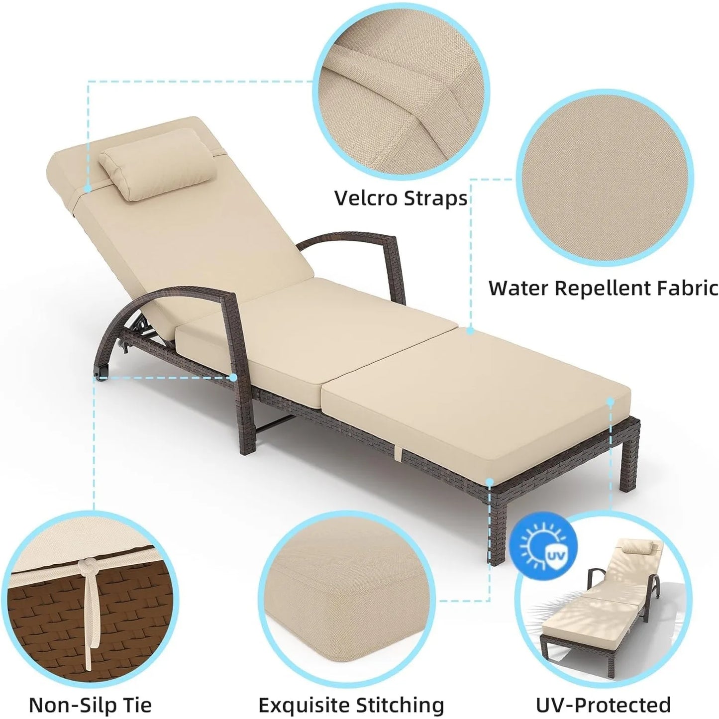Outdoor Chaise Lounge Chairs Set of 2, 5-Level Adjustable Backrest Patio Chaise Lounge Chairs, Armrest, Cushion, Customized