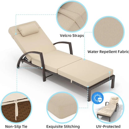 Outdoor Chaise Lounge Chairs Set of 2, 5-Level Adjustable Backrest Patio Chaise Lounge Chairs, Armrest, Cushion, Customized