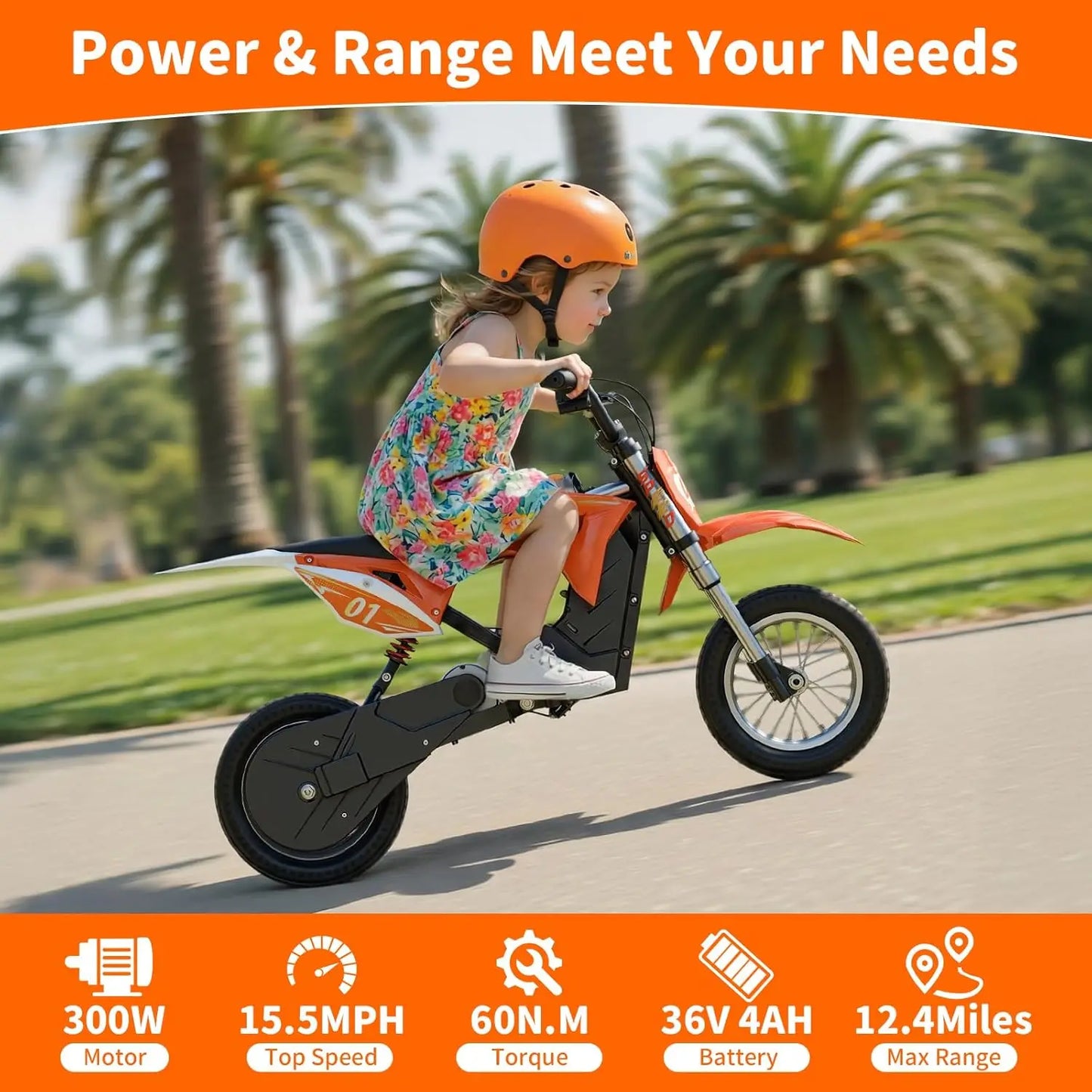36V 300W Kids Electric Dirt Bike,Electric Motorcycle with 3 Speed of 5/7.5/15.5MPH & up to 12.4 Miles, Customized