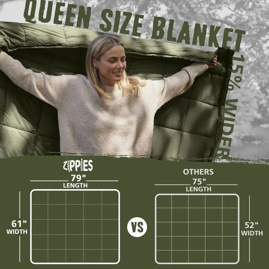 Thinsulate Insulation Puffy Camping Blanket for Cold Weather, Queen Size Warm Camping Quilt with Zipper, Waterproof Outdoor Slee
