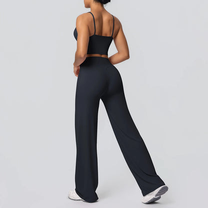 Women Quick Drying Gym Sports Fitness Clothing Yoga Set Backless Sexy Strap Bra with Chest Pad High Waisted Wide Leg Pants Set